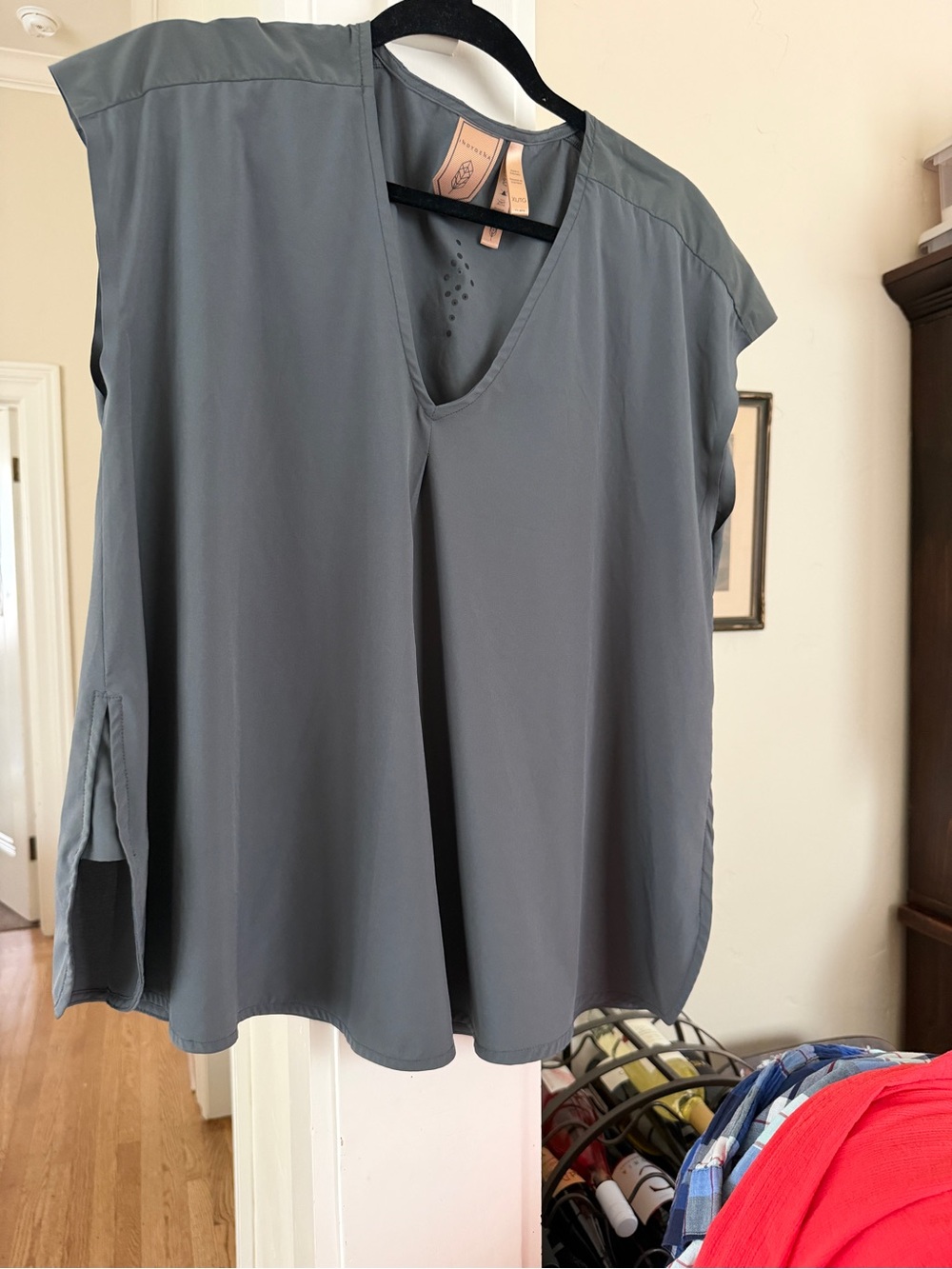 Cap-Sleeve V-Neck Blouse in Slate Gray